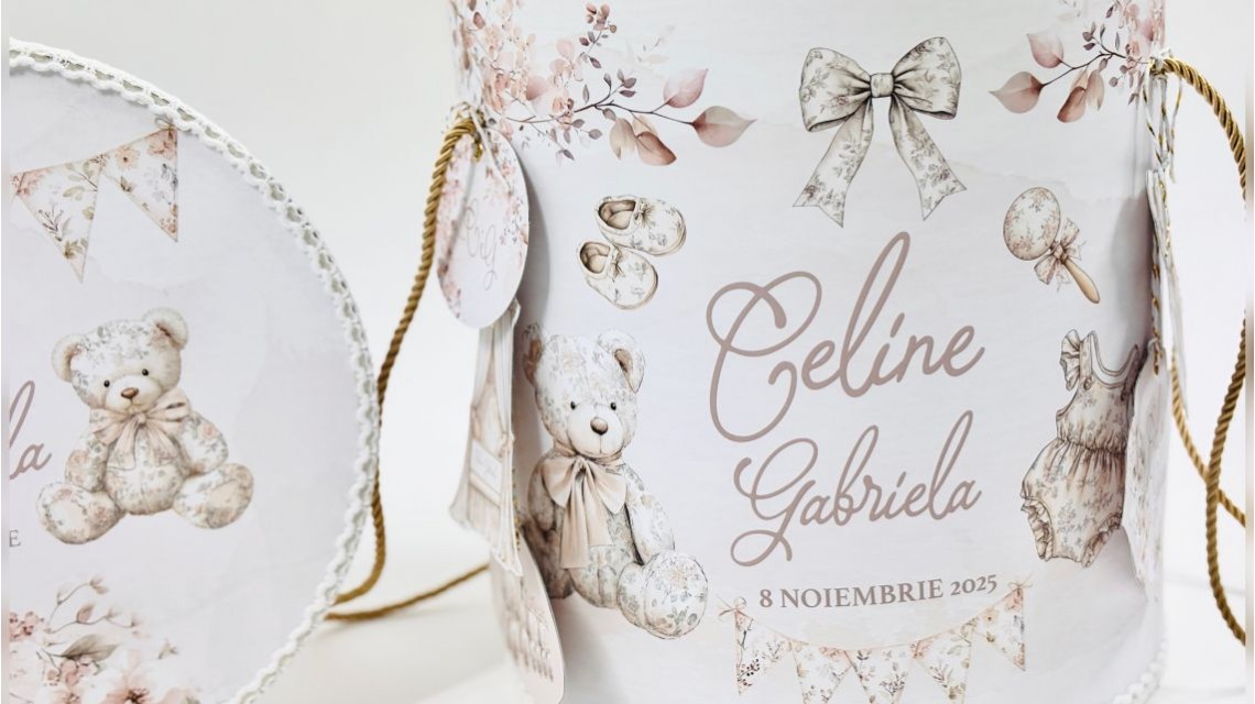 Trusou botez Nude Teddy Bear Toile de Jouy bej crem cu accente light pink și pattern floral vintage 28